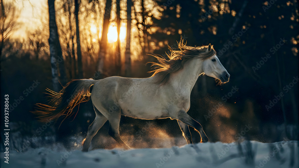 Beautiful whit horse running at winter sunset trough snow in the field, animals and wildlife, nature background