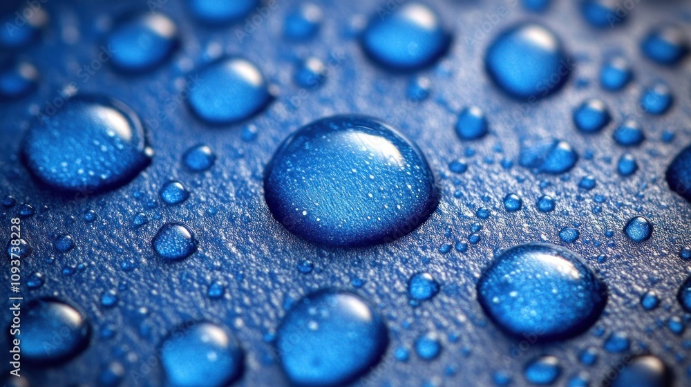 Close-up of water droplets on blue surface. Close-up of water droplets on blue surface.