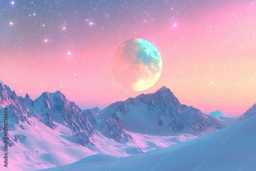 Dreamy pastel mountain landscape with a large moon, creating a serene and magical atmosphere at twilight with shining stars in the sky. Dreamy pastel mountain landscape with a large moon, creating a serene and magical atmosphere at twilight with shining stars in the sky.