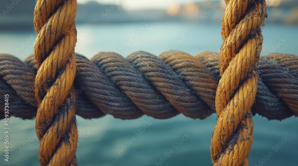 Close-up of weathered rope railing with blurred water background. Close-up of weathered rope railing with blurred water background.