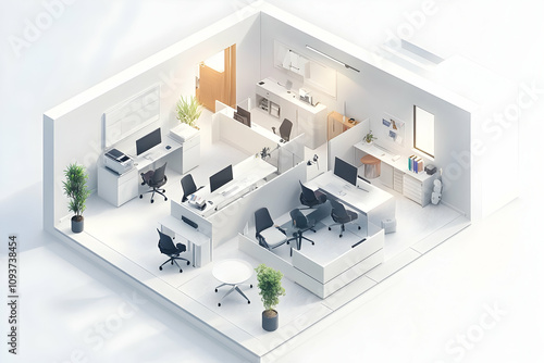 Isometric open-layout modern office with ergonomic furniture, surrounded by clean white space