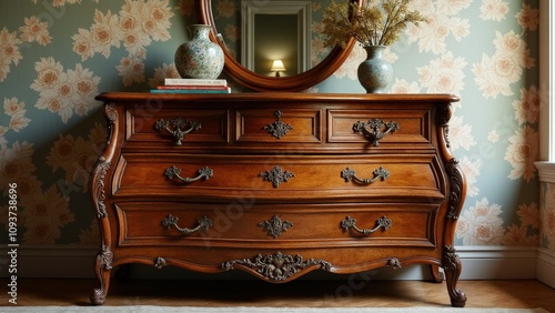 Rustic antique retro dresser with ornate details and a charming vintage appeal.