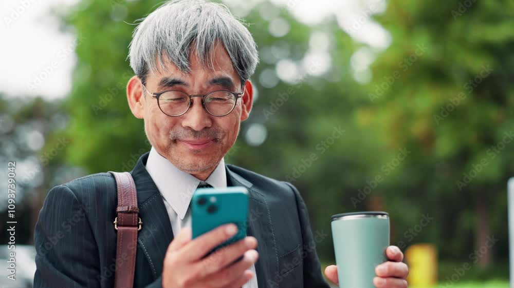 Smartphone, coffee and business Asian man in city for social media, internet and chatting. Professional travel, corporate and mature Japanese person on phone for contact, online email and drink Smartphone, coffee and business Asian man in city for social media, internet and chatting. Professional travel, corporate and mature Japanese person on phone for contact, online email and drink
