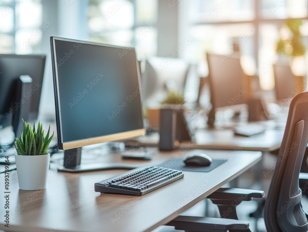 Modern office workspace with computer, keyboard, and decorative plants. Modern office workspace with computer, keyboard, and decorative plants.