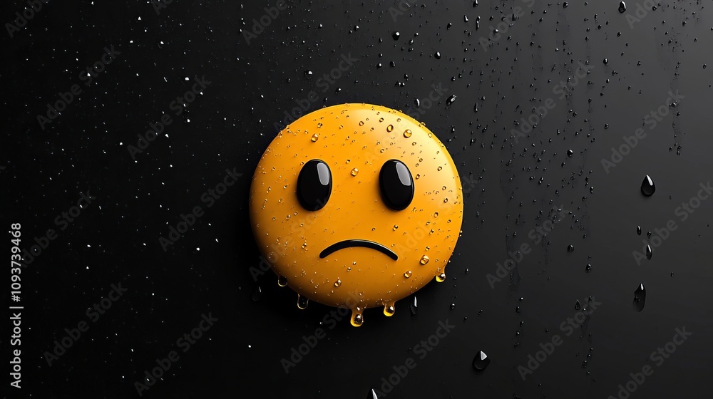 A melancholic yellow emoji with a sad expression, adorned with raindrops on a black background, symbolizing loneliness and melancholy in a digital style design. A melancholic yellow emoji with a sad expression, adorned with raindrops on a black background, symbolizing loneliness and melancholy in a digital style design.