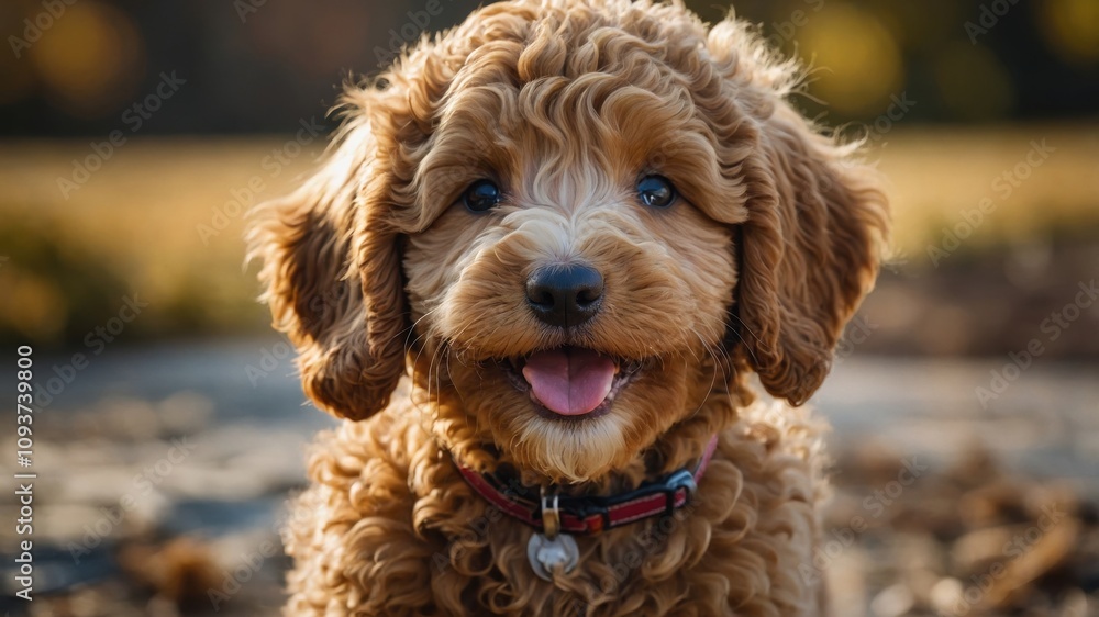 Fototapeta premium Cute fluffy puppy enjoying a sunny day outdoors with happy expression in a park setting