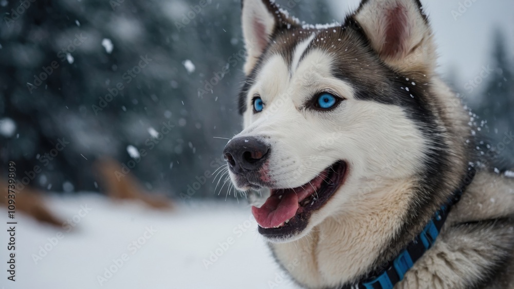 Siberian Husky enjoying a snowy winter day in the mountains with bright blue eyes and joyful expression Siberian Husky enjoying a snowy winter day in the mountains with bright blue eyes and joyful expression