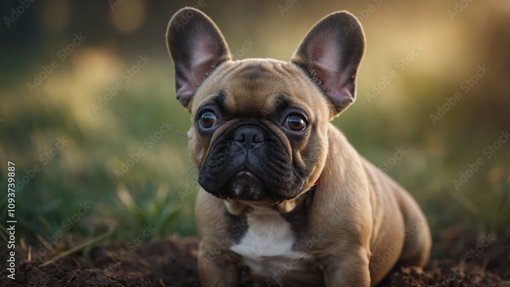 Cute french bulldog puppy resting on grass during golden hour in a peaceful outdoor setting Cute french bulldog puppy resting on grass during golden hour in a peaceful outdoor setting