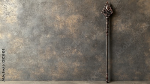 Ornate medieval spear with intricate designs on textured wall
