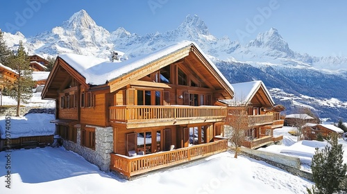 A picturesque wooden chalet sits nestled amidst a snowy alpine landscape, framed by majestic mountains, showcasing a perfect winter retreat and cozy escapism. photo