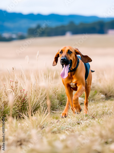 A bloodhound running through a grassy field