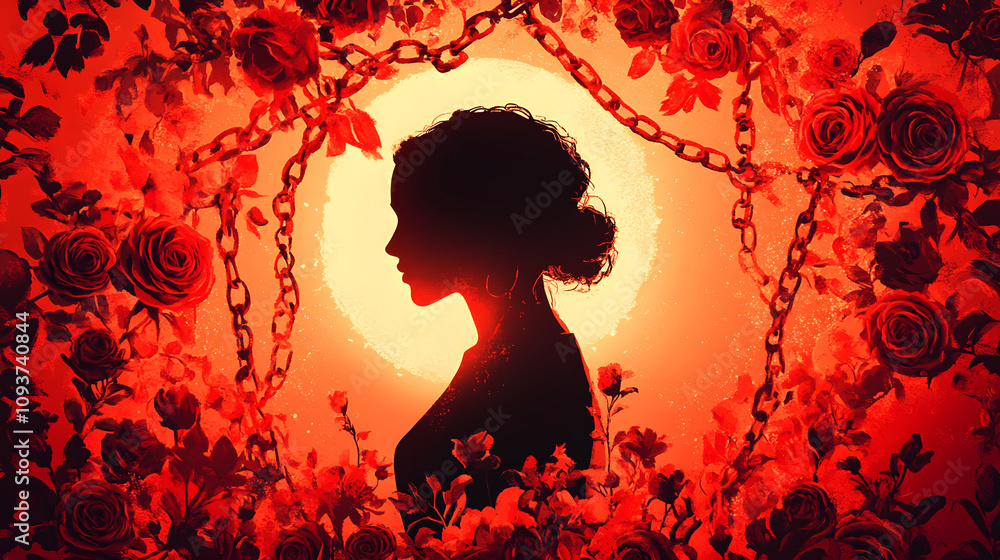 Radiant Silhouette: Symbolic Illustration of Empowerment Amidst Chains and Roses Radiant Silhouette: Symbolic Illustration of Empowerment Amidst Chains and Roses