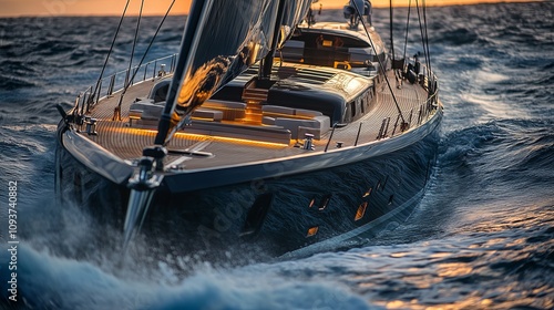 An elegant yacht sails majestically through the ocean waves as the warm hues of the sunset reflect off its surface, embodying adventure and luxury. photo