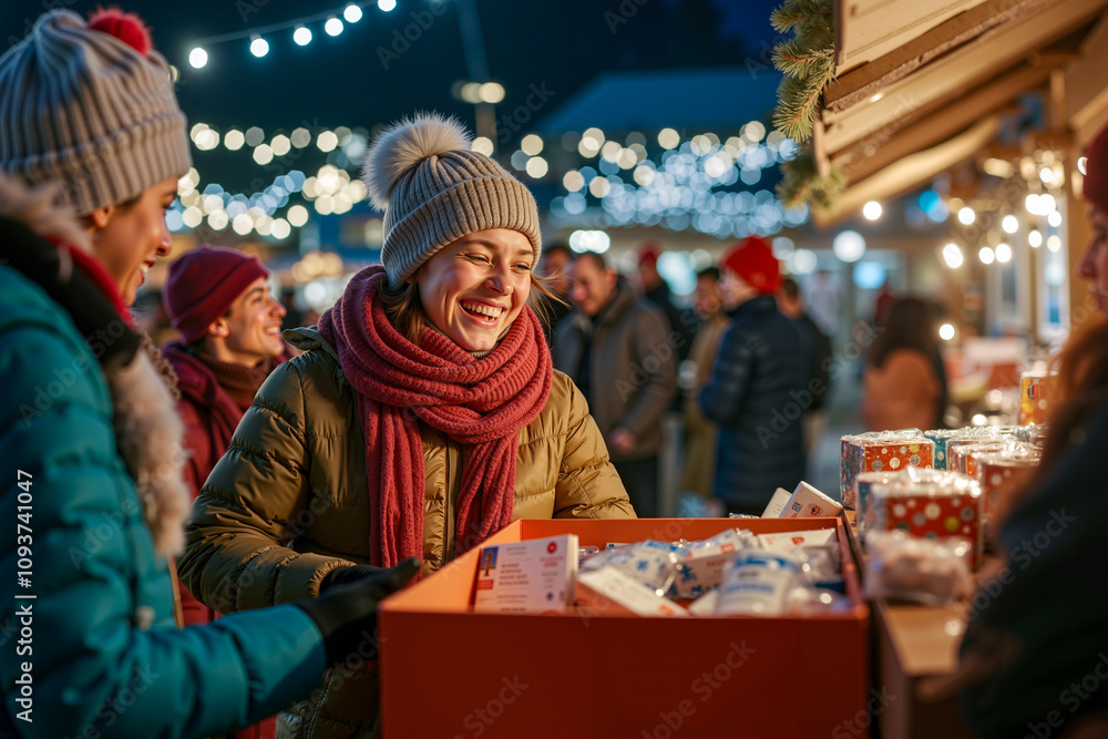 Fototapeta premium A group of people standing around a table with presents
