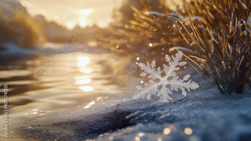 Delicate Snowflake by Sunset River - Golden Hour Winter Scene