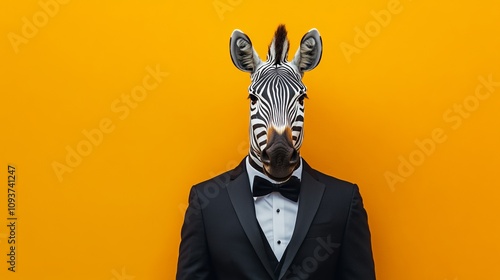 A stylistically dressed zebra stands wearing a tuxedo against a vibrant yellow background, blending elegance with whimsical creativity in a bold artistic statement.