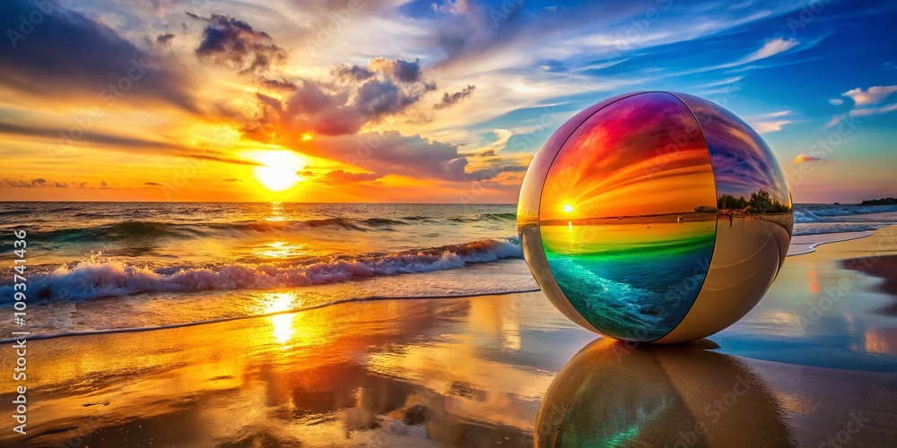 Vibrant Beachball Scene in Double Exposure Style Merging with a Serene Ocean Sunset for Summer Fun and Adventure, Perfect for Vibrant Beach and Summer-themed Stock Photography Vibrant Beachball Scene in Double Exposure Style Merging with a Serene Ocean Sunset for Summer Fun and Adventure, Perfect for Vibrant Beach and Summer-themed Stock Photography