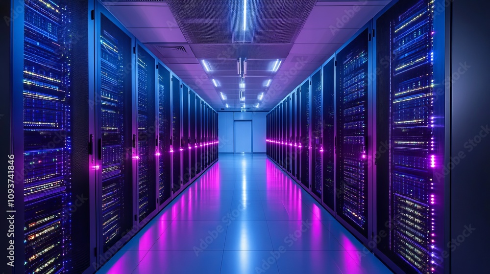 Fototapeta premium A futuristic data center featuring bright, illuminated server racks, showcasing advanced technology in a sleek and organized environment.