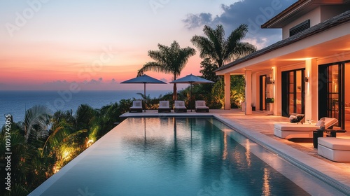 Luxurious Coastal Villa at Sunset With Infinity Pool and Stunning Ocean View Surrounded by Palm Trees and Modern Outdoor Furniture