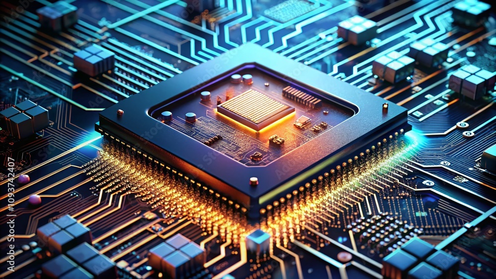 3D Render of a CPU Chip Sitting on a Motherboard with Copy Space for Technology-Related Graphics or Text, Ideal for Software or Hardware Marketing and Educational Purposes 3D Render of a CPU Chip Sitting on a Motherboard with Copy Space for Technology-Related Graphics or Text, Ideal for Software or Hardware Marketing and Educational Purposes