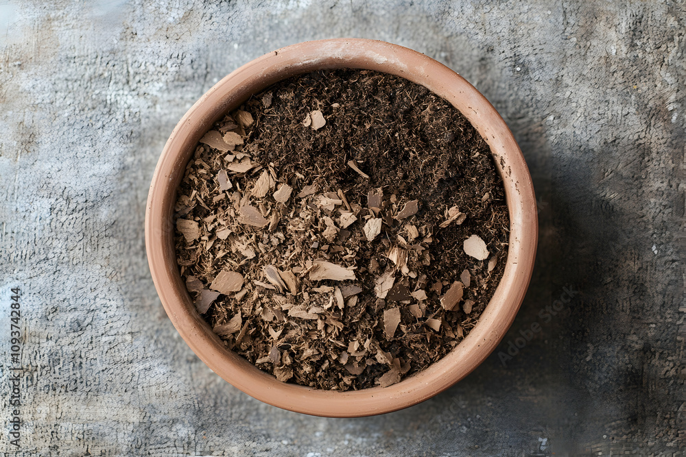 overhead view of soil mixed with fir bark in a pot prepared for planting orchids overhead view of soil mixed with fir bark in a pot prepared for planting orchids
