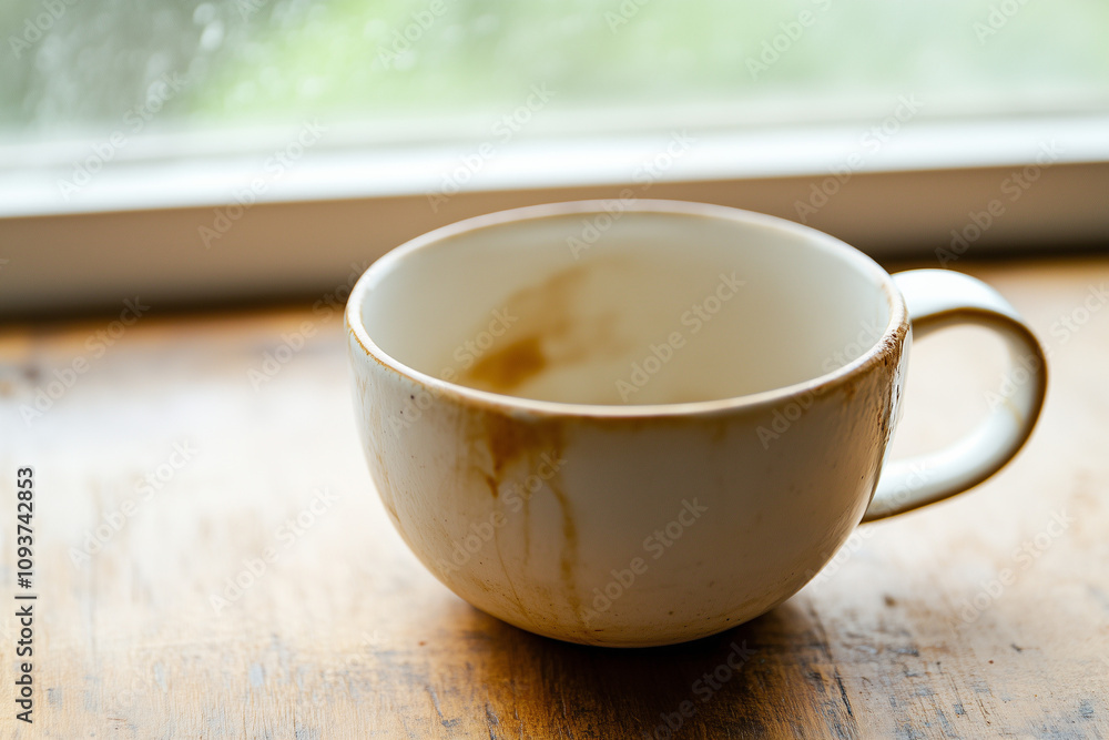 Empty coffee cup on wooden table by rainy window. Empty coffee cup on wooden table by rainy window.