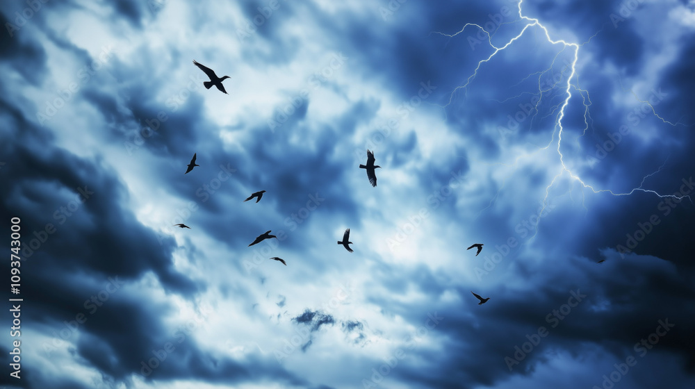 Birds flying through stormy sky with lightning. Birds flying through stormy sky with lightning.
