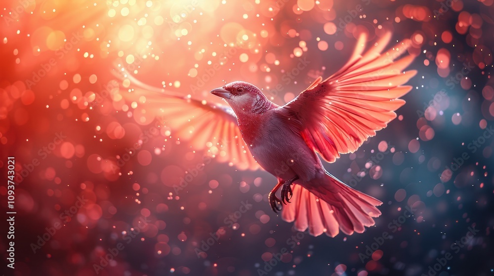 Obraz premium Colorful bird soaring through a sparkling sunset sky filled with glowing particles of light. Generative AI