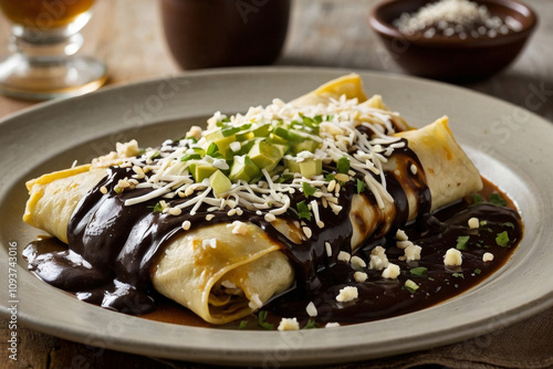 enmoladas: Shredded chicken and cotija cheese wrapped in corn tortillas, doused with black mole sauce (made with Mexican chocolate), and topped with sesame seeds and more cheese photo