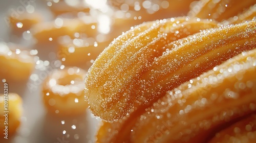 Close up of golden brown churros dusted with sugar.
