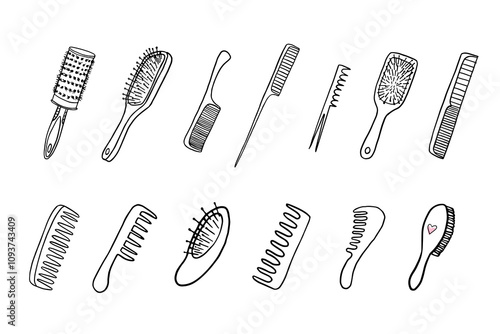 Large set of hair combs in doodle style. Hairdressing tools. Comb, hair brush, massage comb. Hairdresser. Stylist. Beauty salon. Hand drawn