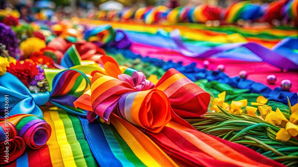 Vibrant Display of All Pride Colors in a High Depth of Field Setting Celebrating Diversity and Inclusion Through a Beautiful Spectrum of Ribbons, Fabrics, and Nature Elements