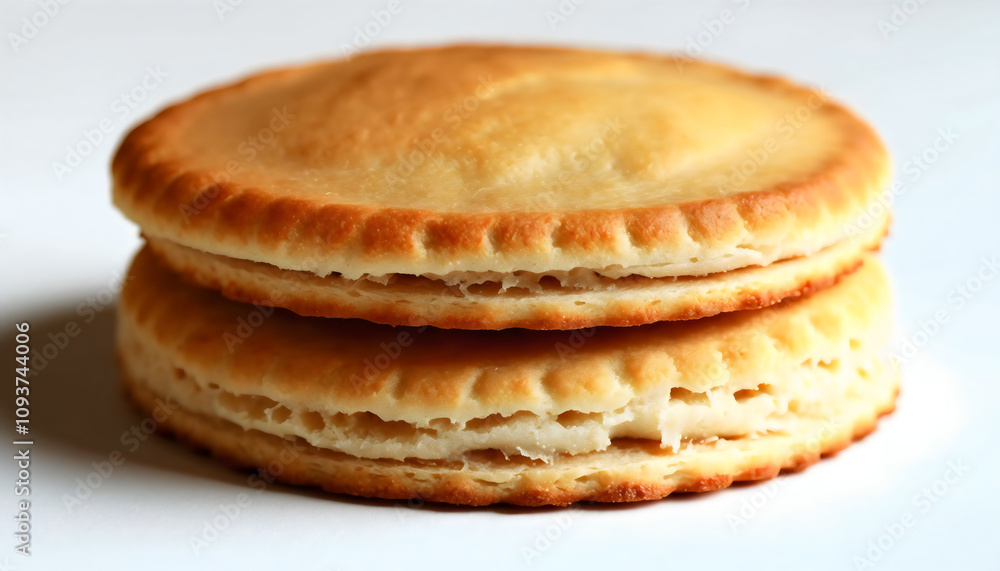 Close-up of two golden flaky pastries stacked, showcasing texture and delicious appeal. Ideal for culinary or baking-related content. Close-up of two golden flaky pastries stacked, showcasing texture and delicious appeal. Ideal for culinary or baking-related content.