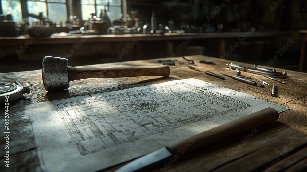 Craftsman's workshop table with tools, blueprints, and hammer. Craftsman's workshop table with tools, blueprints, and hammer.