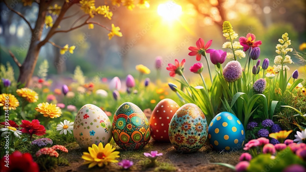 Vibrant Easter Celebration with Colorful Eggs and Spring Flowers in a Lush Garden Setting, Perfect for Seasonal Decor and Festive Events Vibrant Easter Celebration with Colorful Eggs and Spring Flowers in a Lush Garden Setting, Perfect for Seasonal Decor and Festive Events