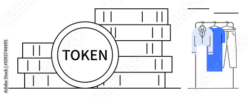 Pile of tokens labeled TOKEN beside neatly arranged clothing on hangers. Ideal for digital economy, retail, cryptocurrency, shopping, finance, e-commerce, online transactions. Line metaphor