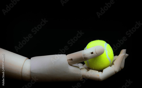 Wooden hand holding tennis ball on black background