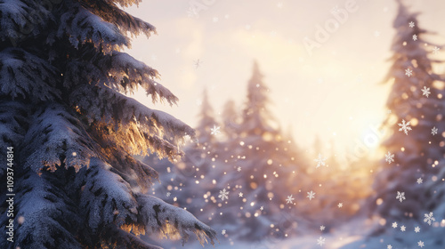 Snowy Pine Tree at Golden Hour with Falling Snowflakes - Magical Winter Scene