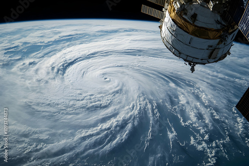 satellite view of a hurricane approaching land highlighting meteorological themes. high quality image photo