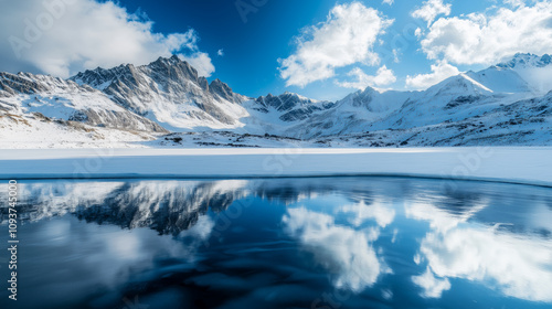 Crystal Clear Reflection of Snowy Peaks on Frozen Lake - Majestic Winter Landscape