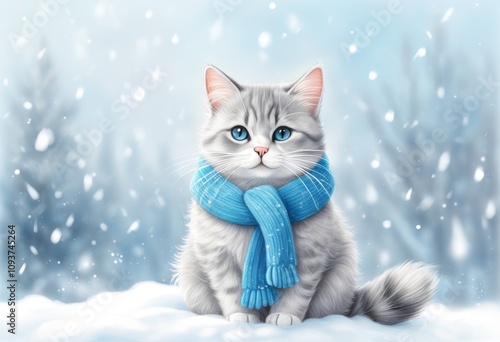 Eine süße Katze mit grauem Fell und blauem Schal sitzt im Schnee, während Schneeflocken fallen – ideal für eine Weihnachts- oder Neujahrskarte mit Textfreiraum. Generative KI.