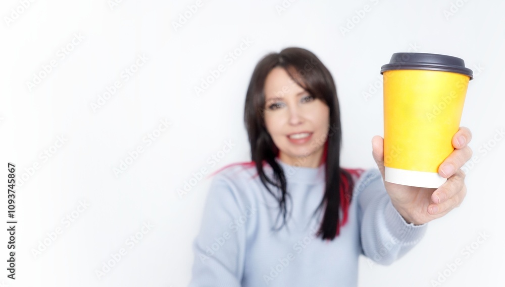 Smiling woman holding up a yellow coffee cup with a solid white background Smiling woman holding up a yellow coffee cup with a solid white background