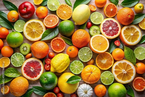 Vibrant Illustration of Citrus Fruits Highlighting Food Allergens: Lemon, Orange, Grapefruit, Mandarin, Lime, Bergamot, Pomelo, Calamondin, Tangelo, Kumquat, Ponkan, Limetta, Kombava photo