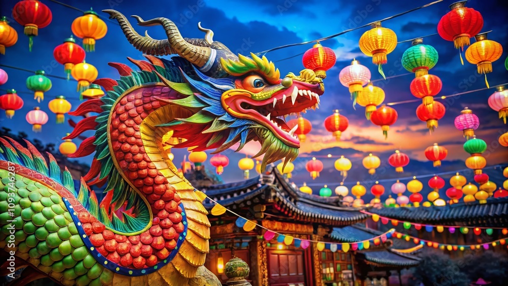 Fototapeta premium Vibrant Korean New Year Celebration Featuring a Colorful Dragon Dance with Festive Decorations and Lanterns in a Joyful Atmosphere, Perfect for Cultural and Holiday Themes