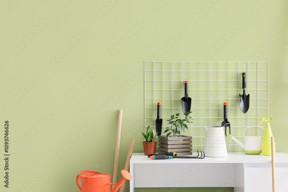 Workplace with pin board and gardening tools near green wall in workshop Workplace with pin board and gardening tools near green wall in workshop