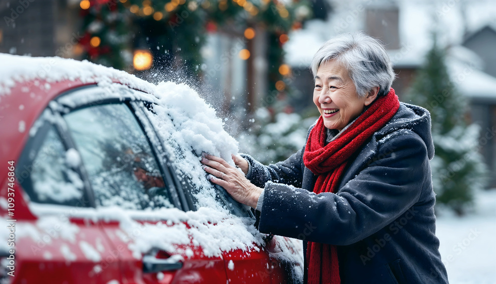 Portrait of elderly Asian woman cleaning car from snow, old people, active seniors, seasonal background, Christmas time