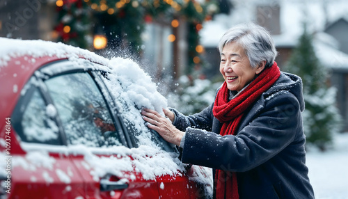 Obraz na płótnie Portrait of elderly Asian woman cleaning car from snow, old people, active seniors, seasonal background, Christmas time w salonie