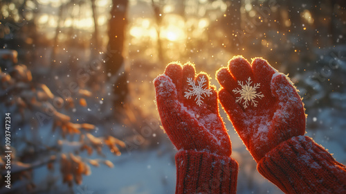 Hands in Red Mittens Holding Snowflakes at Golden Sunset - Cozy Winter Moment