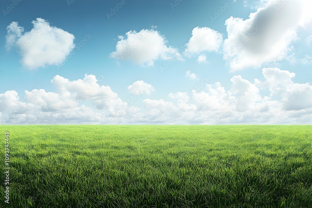 Summer field with vibrant green grass under a cloudy sky emphasizing natural beauty Summer field with vibrant green grass under a cloudy sky emphasizing natural beauty
