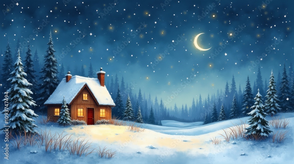 A cheerful xmas scene landscape with a starry sky, a tiny cottage with golden lit windows, dome light snow is falling. Watercolour. A cheerful xmas scene landscape with a starry sky, a tiny cottage with golden lit windows, dome light snow is falling. Watercolour.
